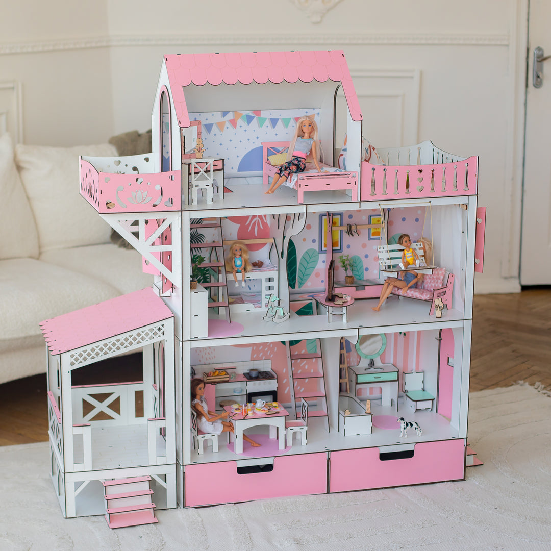 Wooden dollhouse Lux with organizer, balcony and terrace scale 1:6 NestWood pink