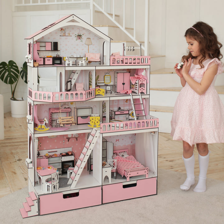 Wooden dollhouse Mansion scale 1:6 NestWood pink