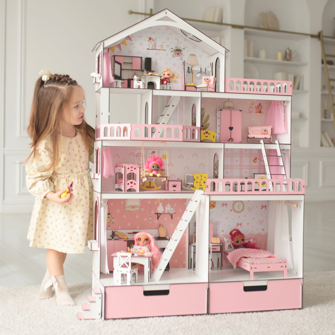 Wooden dollhouse Mansion scale 1:6 NestWood pink