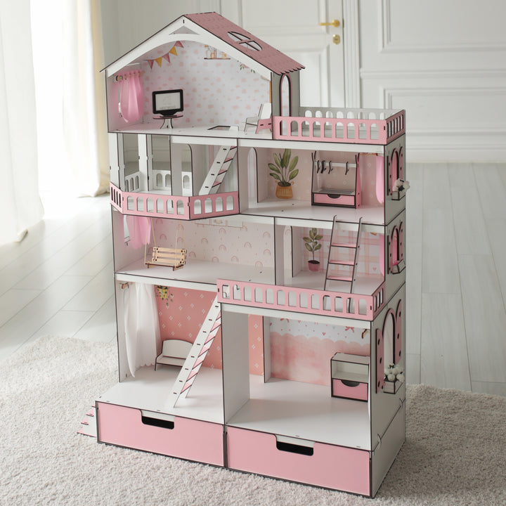 Wooden dollhouse Mansion scale 1:6 NestWood pink