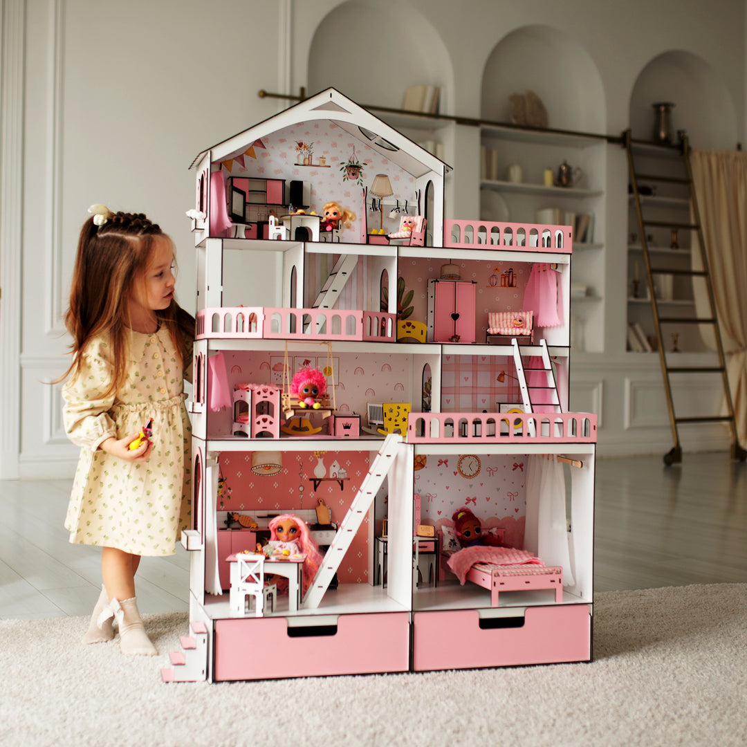 Wooden dollhouse Mansion scale 1:6 NestWood pink