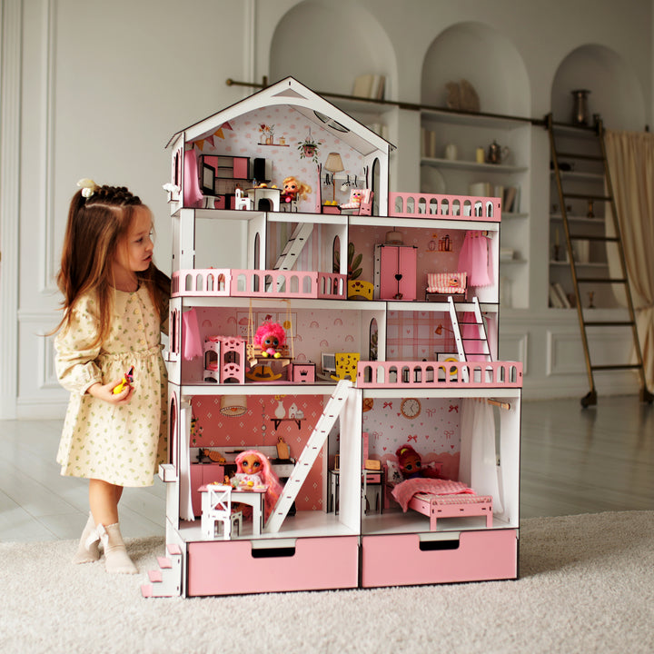 Wooden dollhouse Mansion scale 1:6 NestWood pink