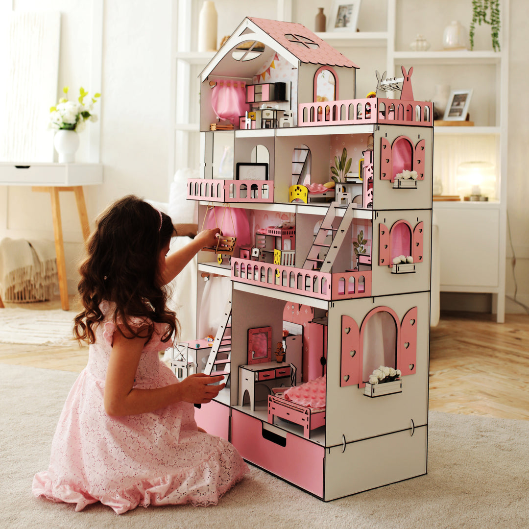 Wooden dollhouse Mansion scale 1:6 NestWood pink