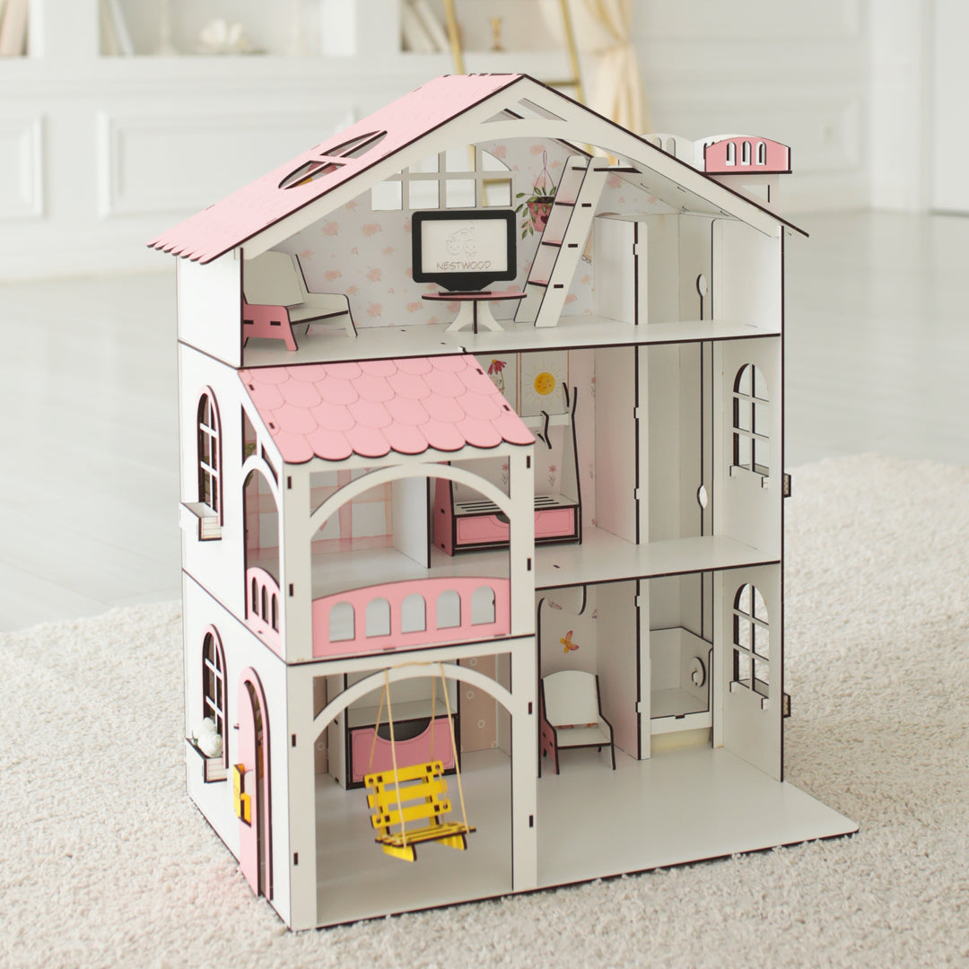 Wooden dollhouse Smart House with elevator scale 1:12 NestWood Pink