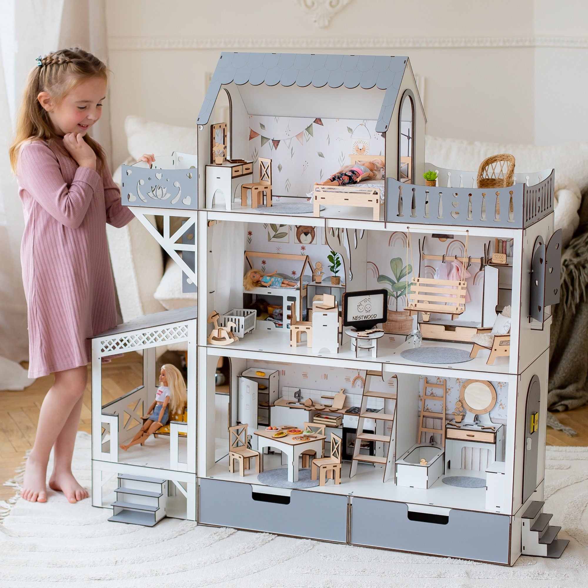 Big Wooden dollhouse Lux with organizer balcony and terrace – NESTWOOD