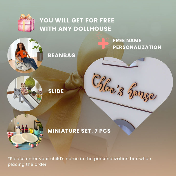 Heart-shaped dollhouse with freebie offer for any dollhouse purchase