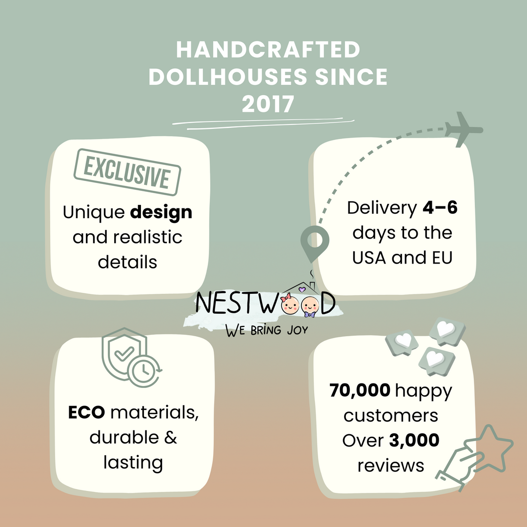 Promotional graphic for Nestwood dollhouses with text about unique design, eco materials, delivery times, and customer satisfaction.