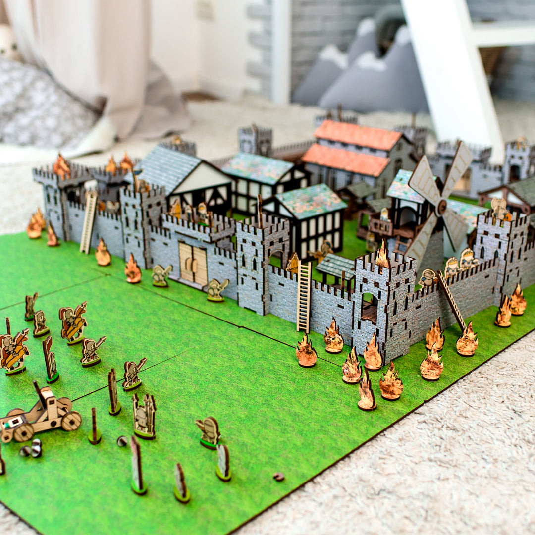 A wooden medieval castle playset featuring a modular design for creative role-play. Includes toy knights, catapults, and fortress walls, perfect for kids’ medieval battles. An eco-friendly wooden toy, designed as a 3D puzzle castle