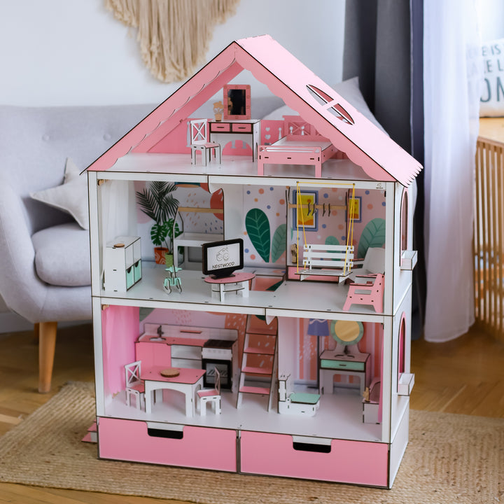 Wooden dollhouse Fantasy with organizer scale 1:6 NestWood pink