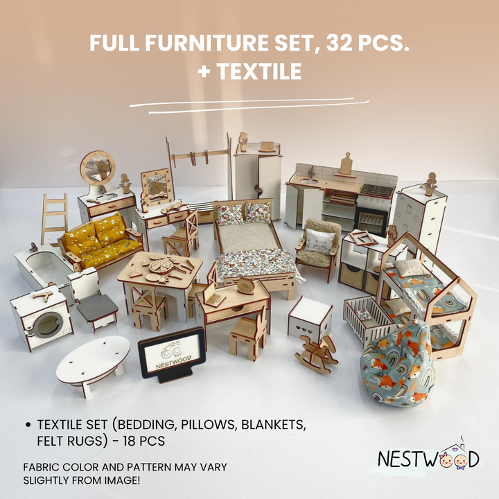 Full furniture set with textile for 32 pieces by Nestwood on a neutral background