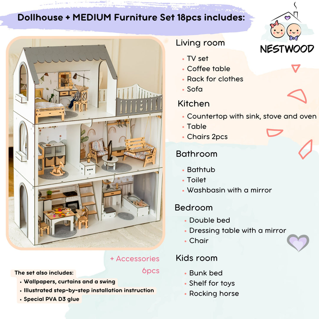 Wooden dollhouse Lux Light scale 1:6 NestWood Eco