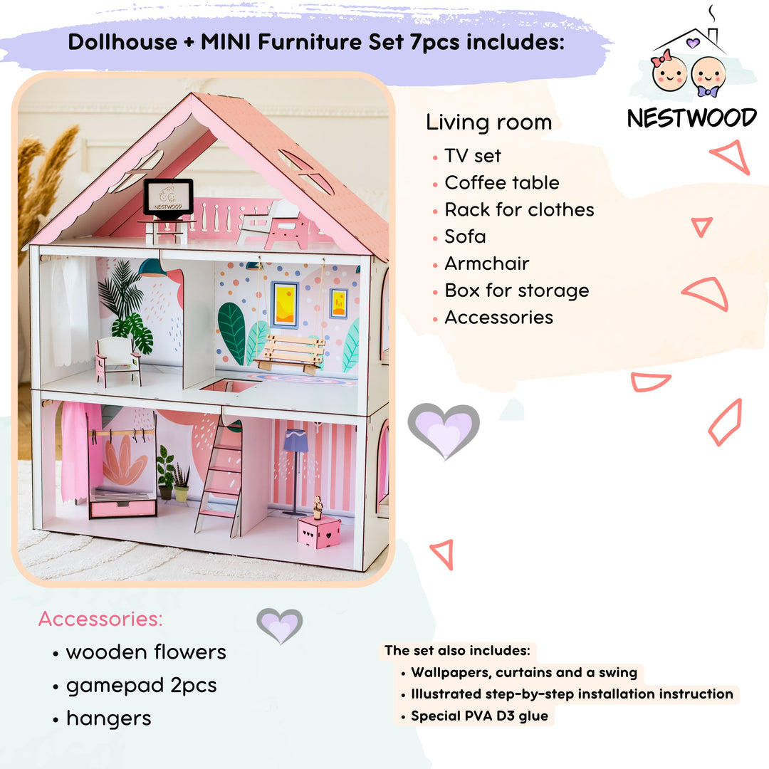 Wooden dollhouse Fantasy scale 1:6 NestWood pink