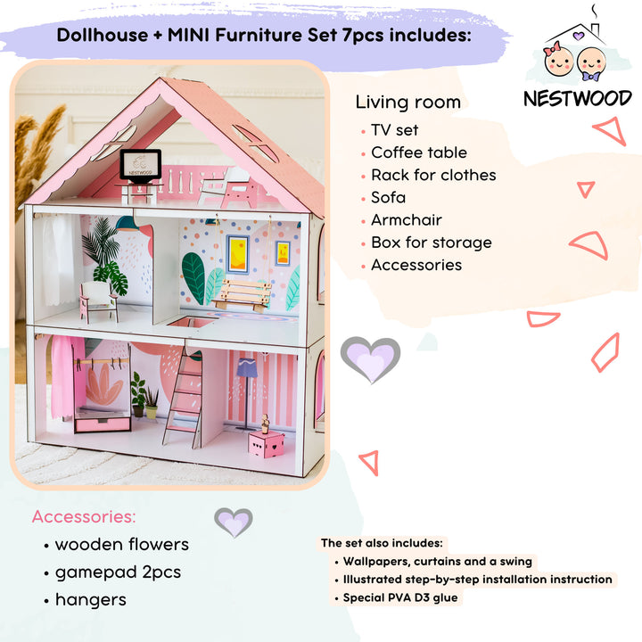 Wooden dollhouse Fantasy scale 1:6 NestWood pink