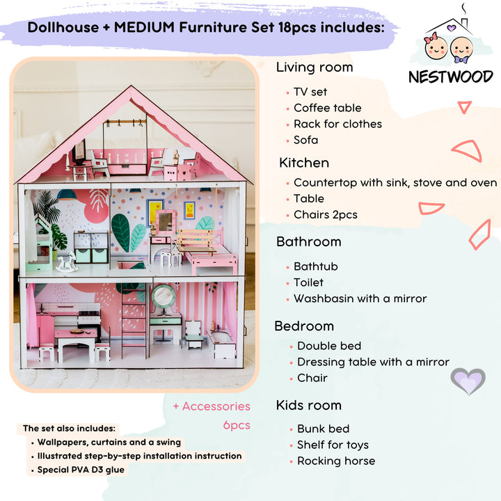 Wooden dollhouse Fantasy scale 1:6 NestWood pink