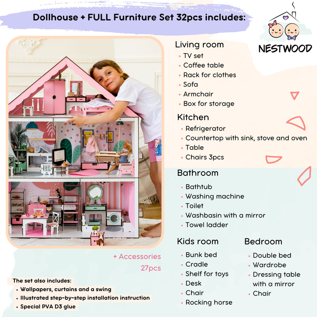 Wooden dollhouse Fantasy scale 1:6 NestWood pink