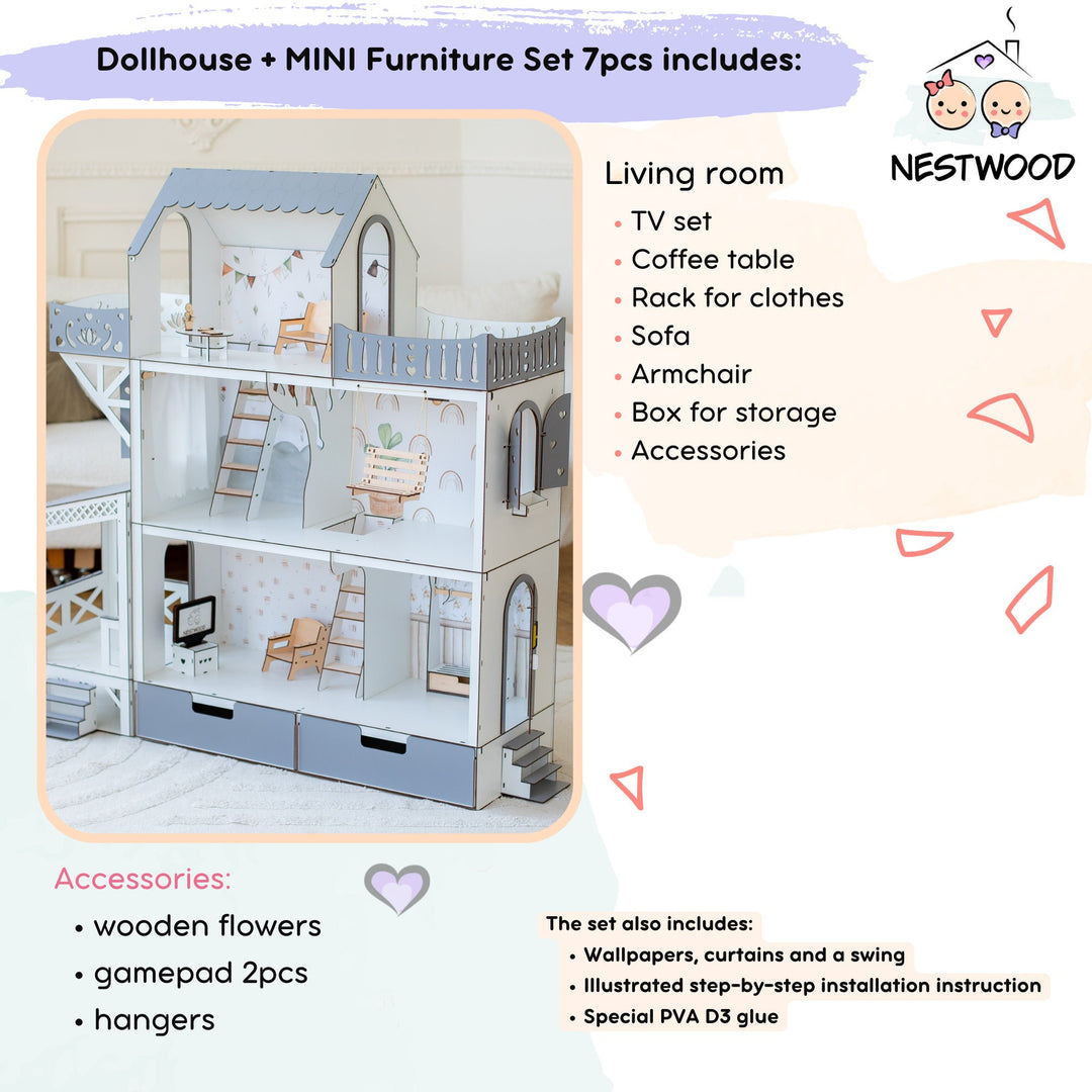 Wooden dollhouse Lux with organizer, balcony and terrace scale 1:6 NestWood Eco