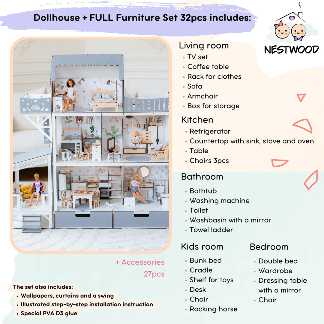 Wooden dollhouse Lux with organizer, balcony and terrace scale 1:6 NestWood Eco