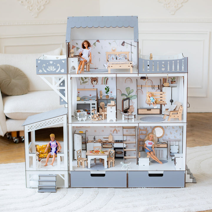 Wooden dollhouse Lux with organizer, balcony and terrace scale 1:6 NestWood Eco