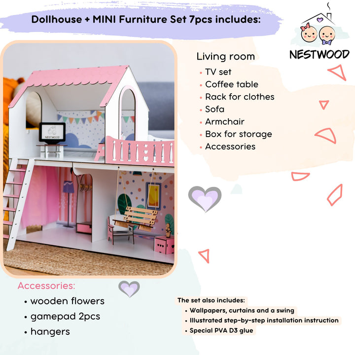 Wooden dollhouse Mriya scale 1:6 NestWood pink