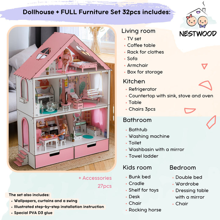 Wooden dollhouse Fantasy with organizer scale 1:6 NestWood pink