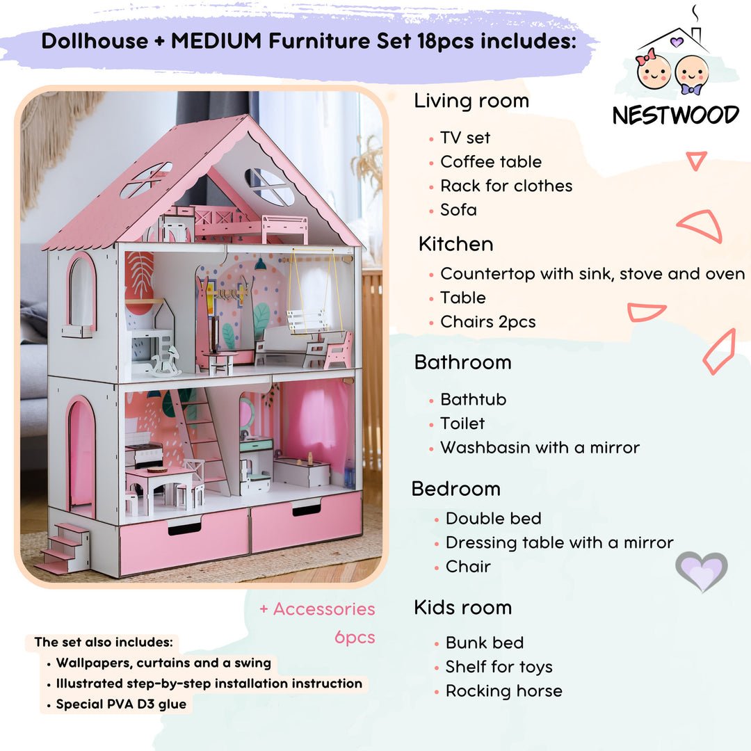 Wooden dollhouse Fantasy with organizer scale 1:6 NestWood pink