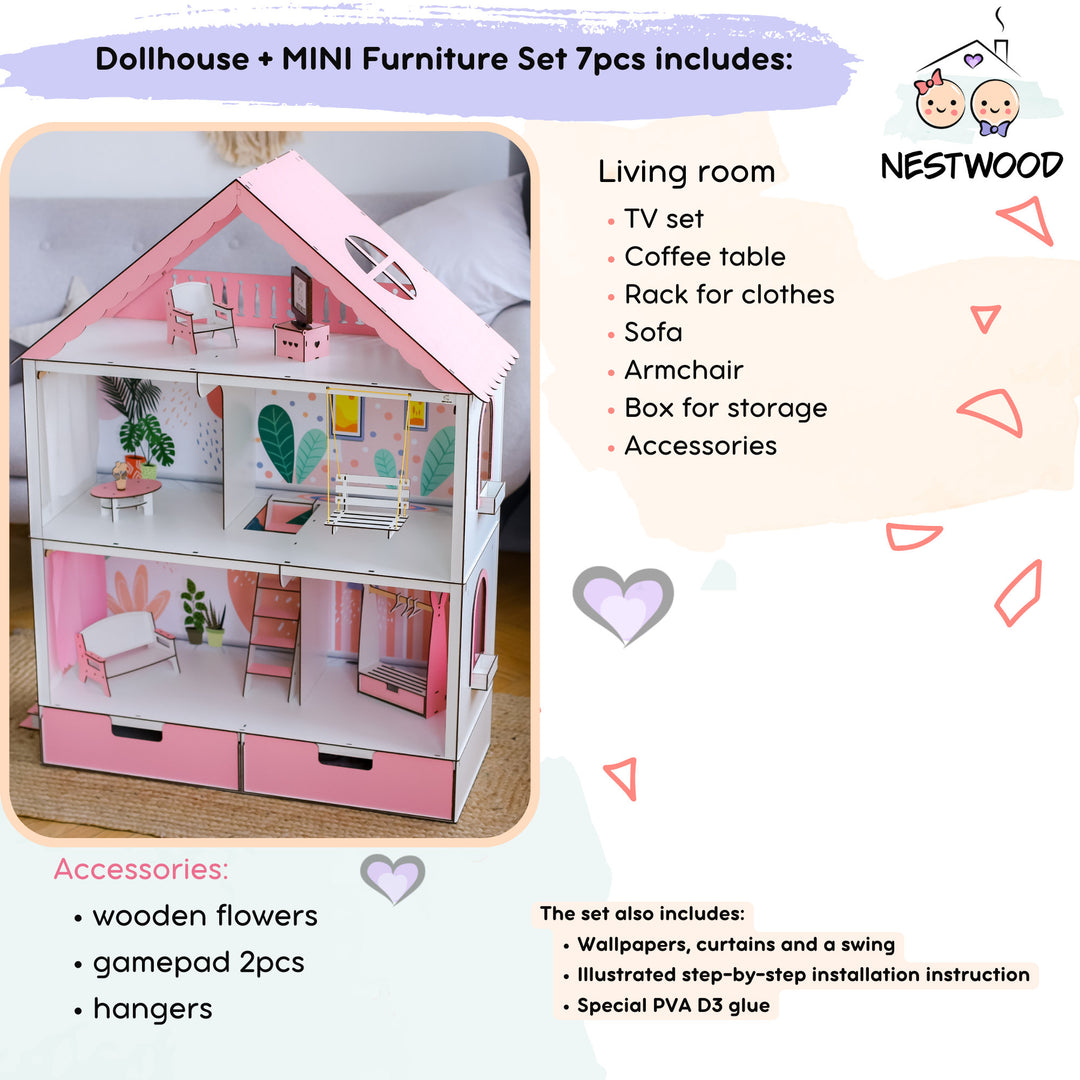 Wooden dollhouse Fantasy with organizer scale 1:6 NestWood pink