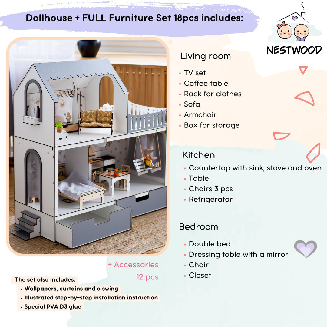 Wooden dollhouse Mriya with organizer scale 1:6 NestWood Eco