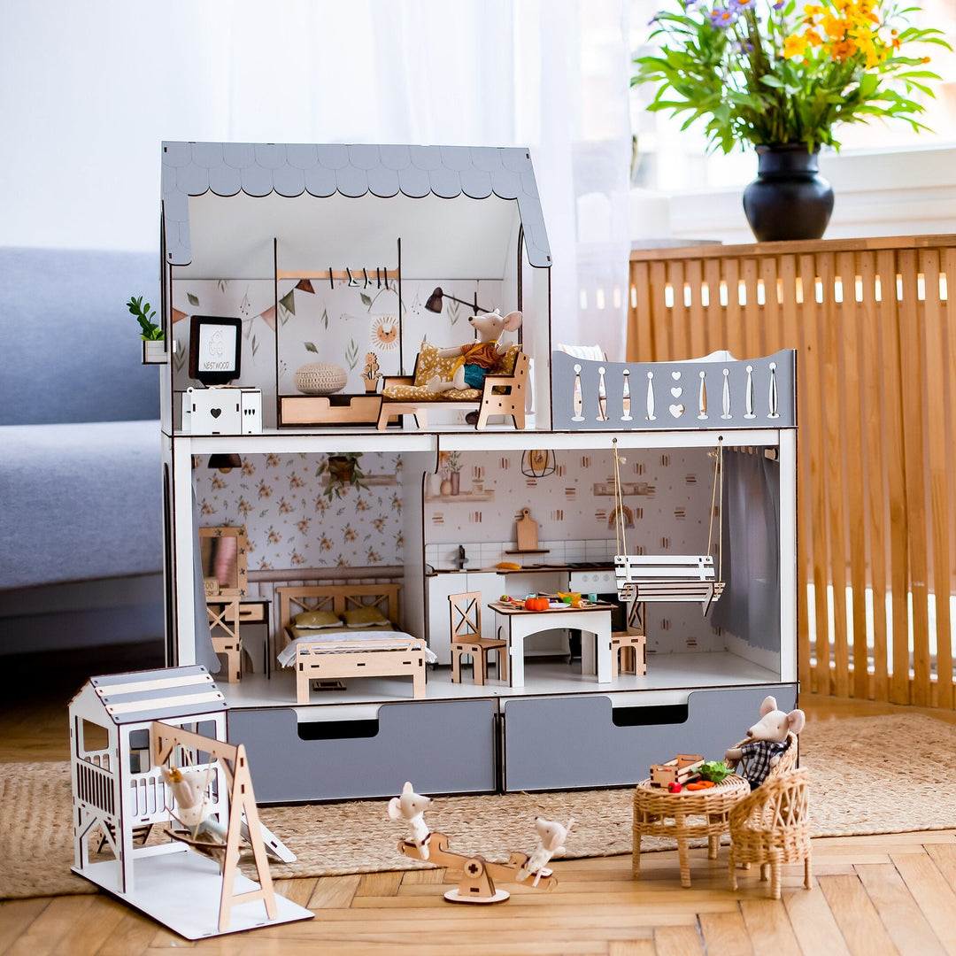 Wooden dollhouse Mriya with organizer scale 1:6 NestWood Eco