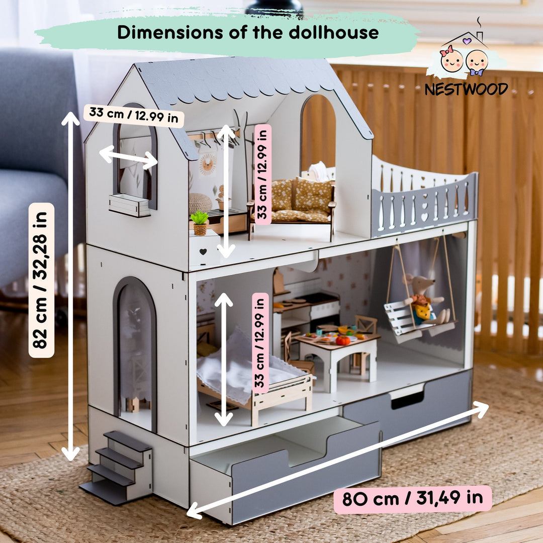 Wooden dollhouse Mriya with organizer scale 1:6 NestWood Eco