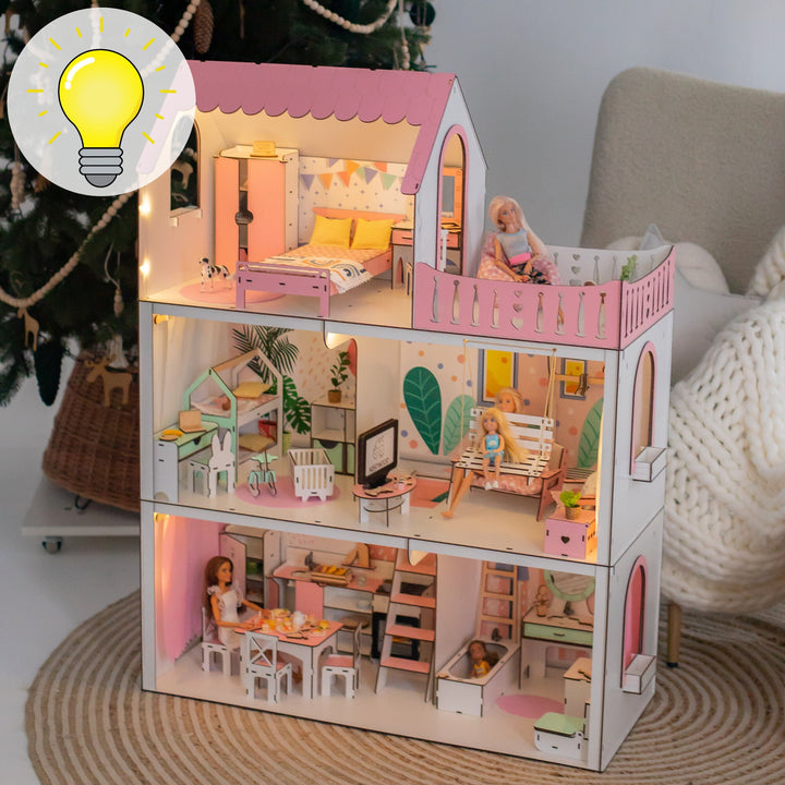 Wooden dollhouse Lux Light scale 1:6 NestWood pink