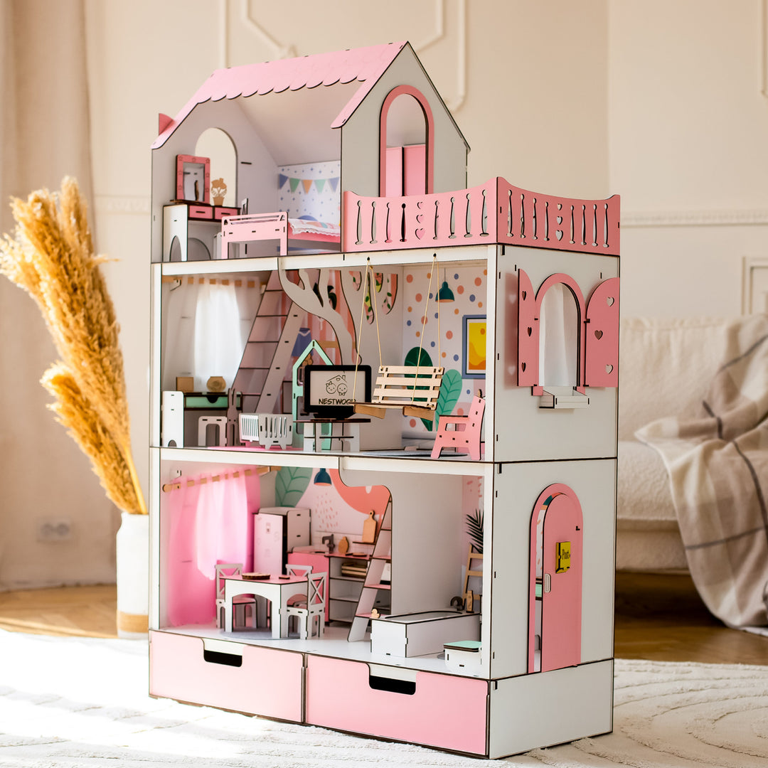 Wooden dollhouse Lux with organizer scale 1:6 NestWood pink