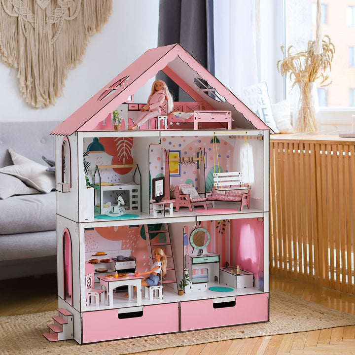 Wooden dollhouse Fantasy with organizer scale 1:6 NestWood pink