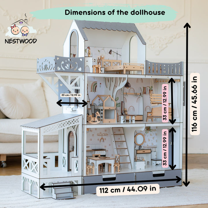 Wooden dollhouse Lux with organizer, balcony and terrace scale 1:6 NestWood Eco