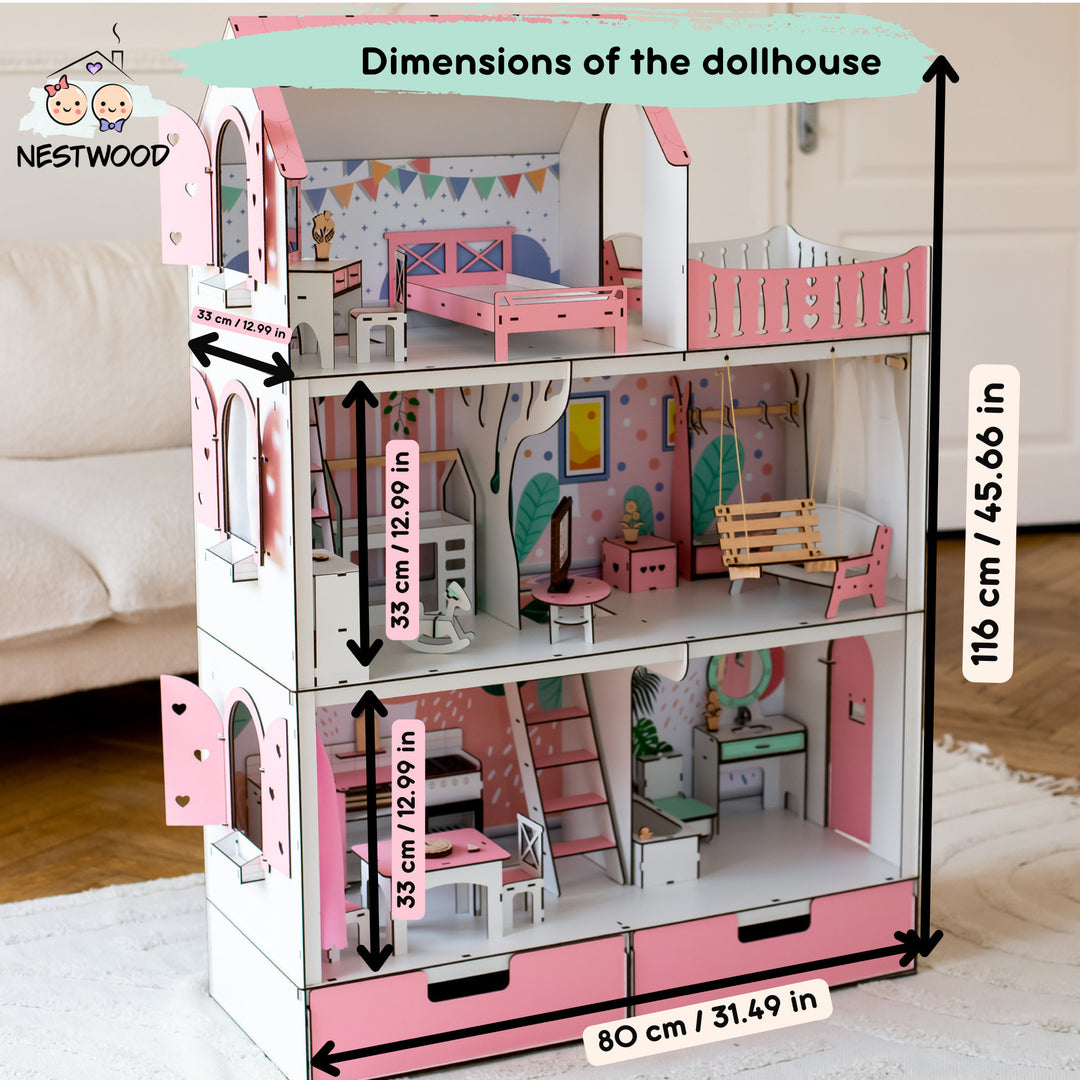 Wooden dollhouse Lux with organizer scale 1:6 NestWood pink