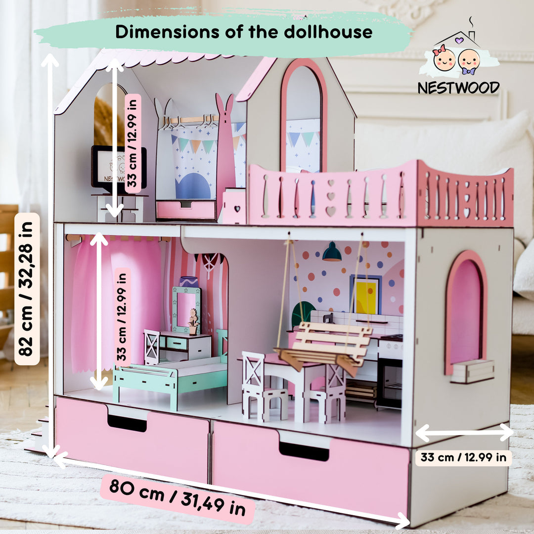 Wooden dollhouse Mriya with organizer scale 1:6 NestWood Pink