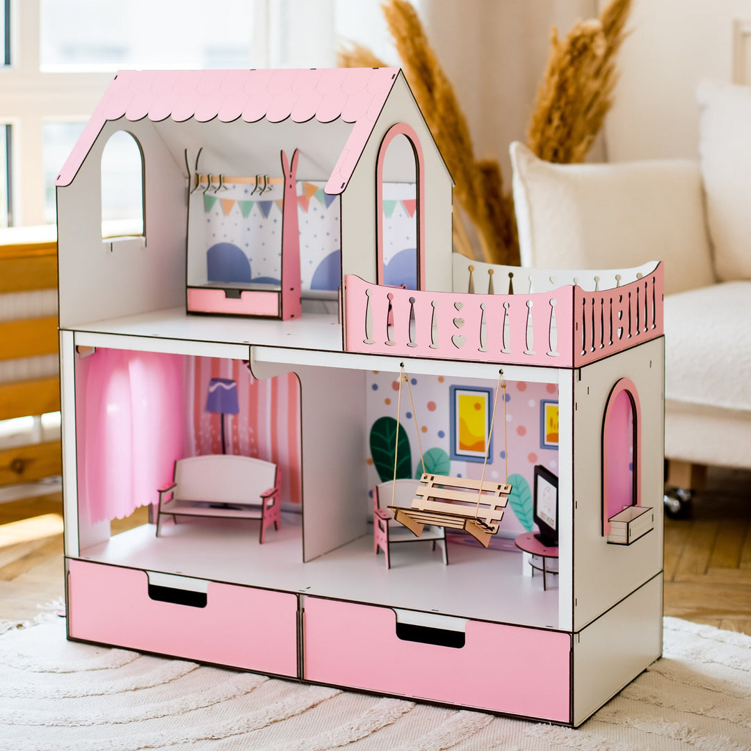 Wooden dollhouse Mriya with organizer scale 1:6 NestWood Pink