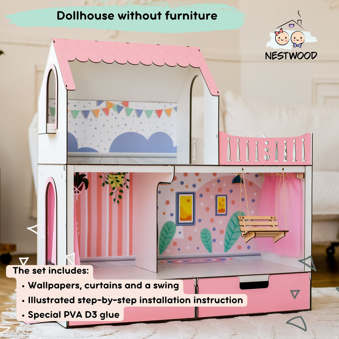 Wooden dollhouse Mriya with organizer scale 1:6 NestWood Pink