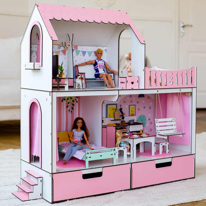 Wooden dollhouse Mriya with organizer scale 1:6 NestWood Pink