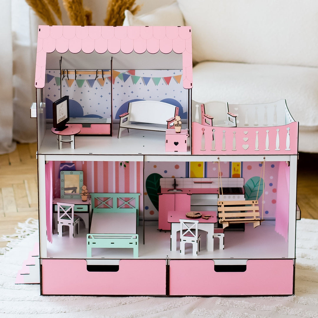 Wooden dollhouse Mriya with organizer scale 1:6 NestWood Pink