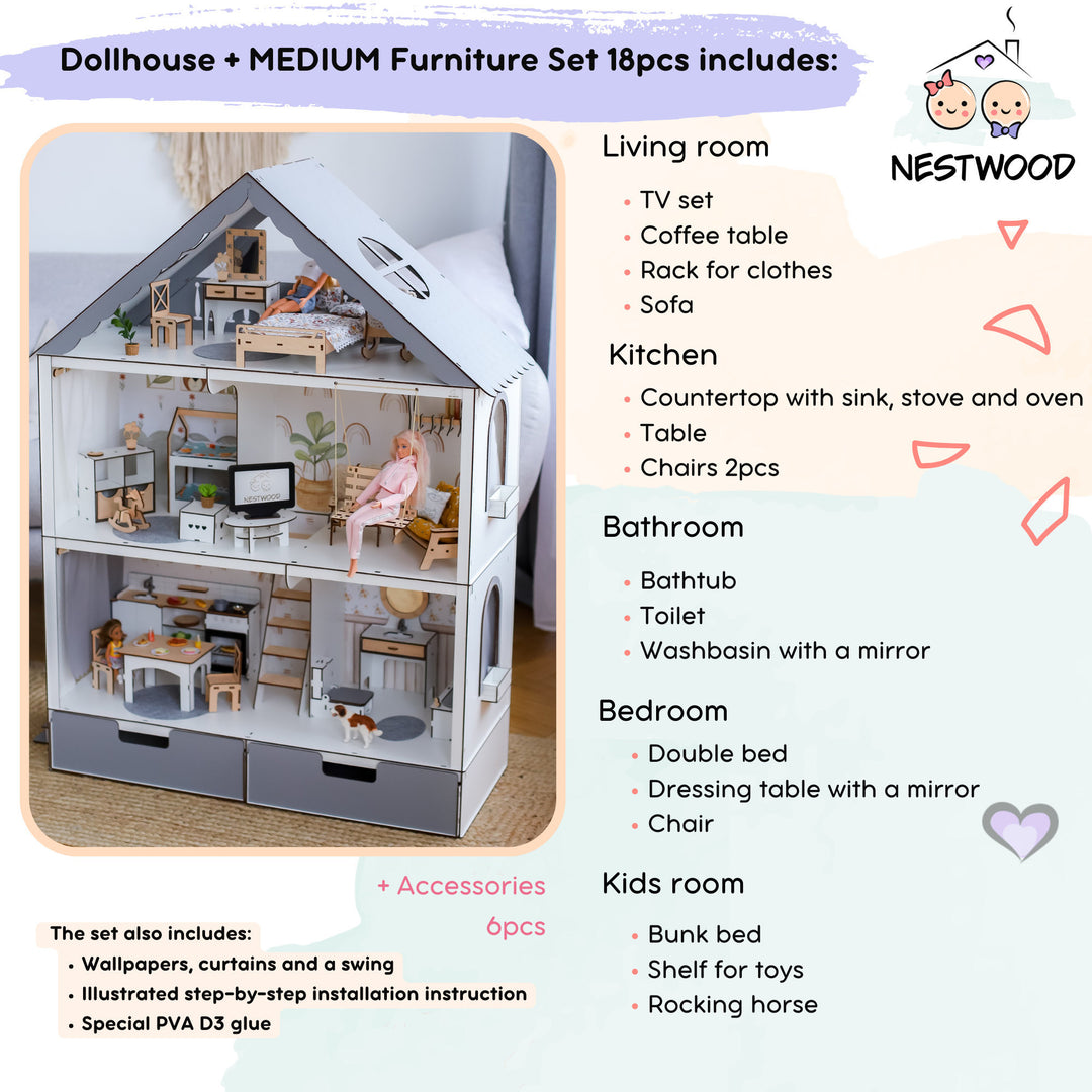 Wooden dollhouse Fantasy with organizer scale 1:6 NestWood Eco