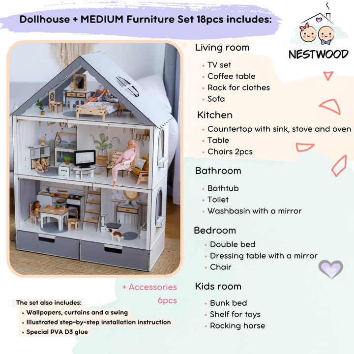 Wooden dollhouse Fantasy with organizer scale 1:6 NestWood Eco