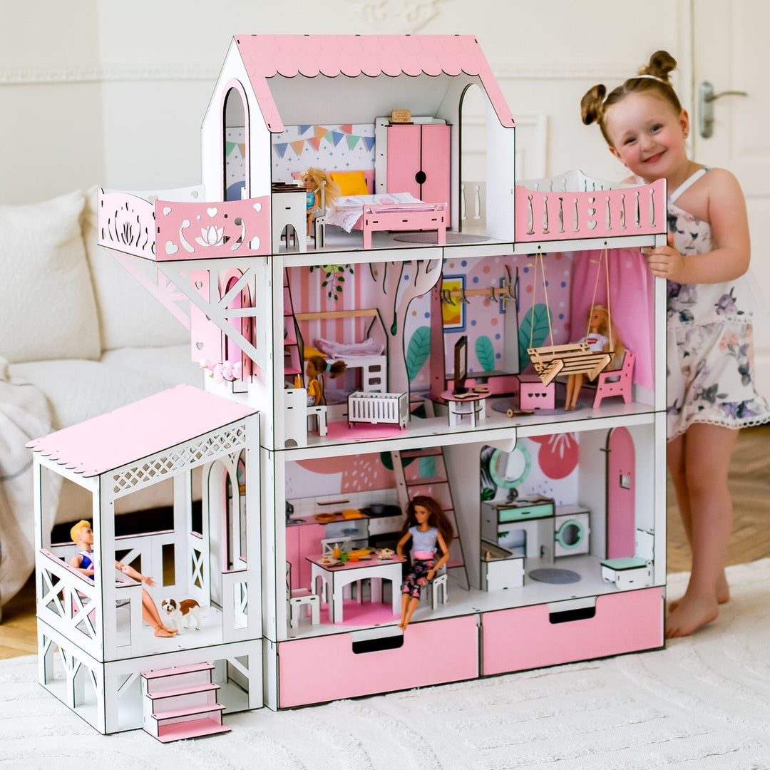 Wooden dollhouse Lux with organizer, balcony and terrace scale 1:6 NestWood pink