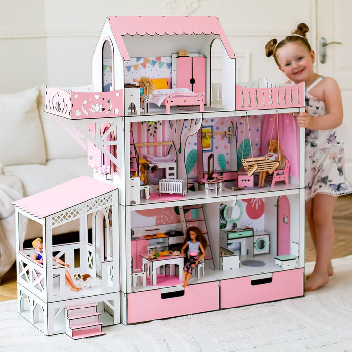 Wooden dollhouse Lux with organizer, balcony and terrace scale 1:6 NestWood pink