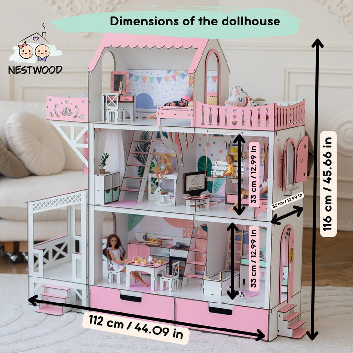 Wooden dollhouse Lux with organizer, balcony and terrace scale 1:6 NestWood pink