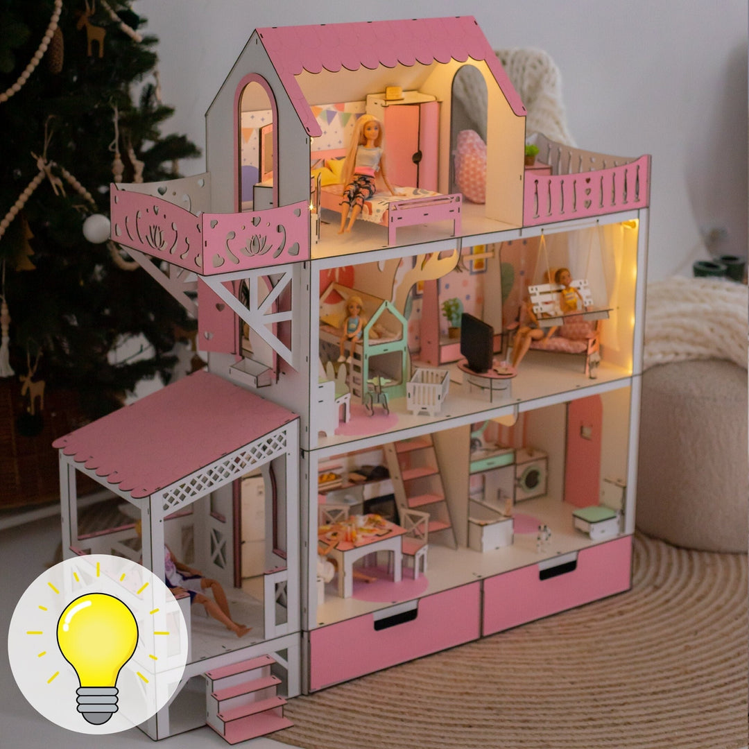 Wooden dollhouse Lux with organizer, balcony and terrace scale 1:6 NestWood pink