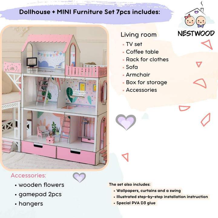 Wooden dollhouse Lux with organizer, balcony and terrace scale 1:6 NestWood pink