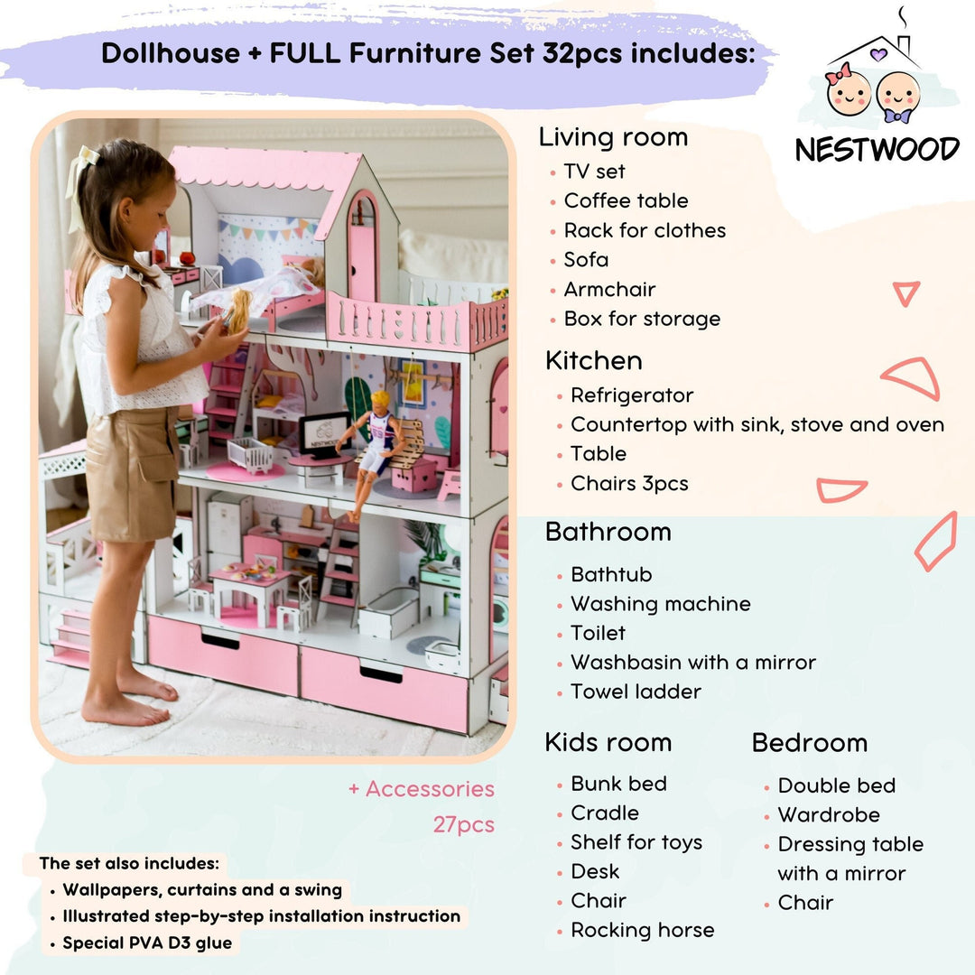 Wooden dollhouse Lux with organizer, balcony and terrace scale 1:6 NestWood pink