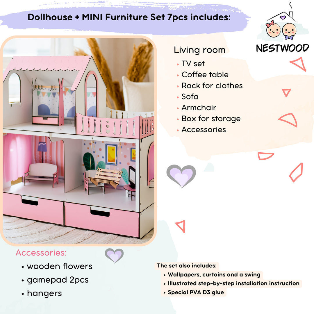 Wooden dollhouse Mriya with organizer scale 1:6 NestWood Pink