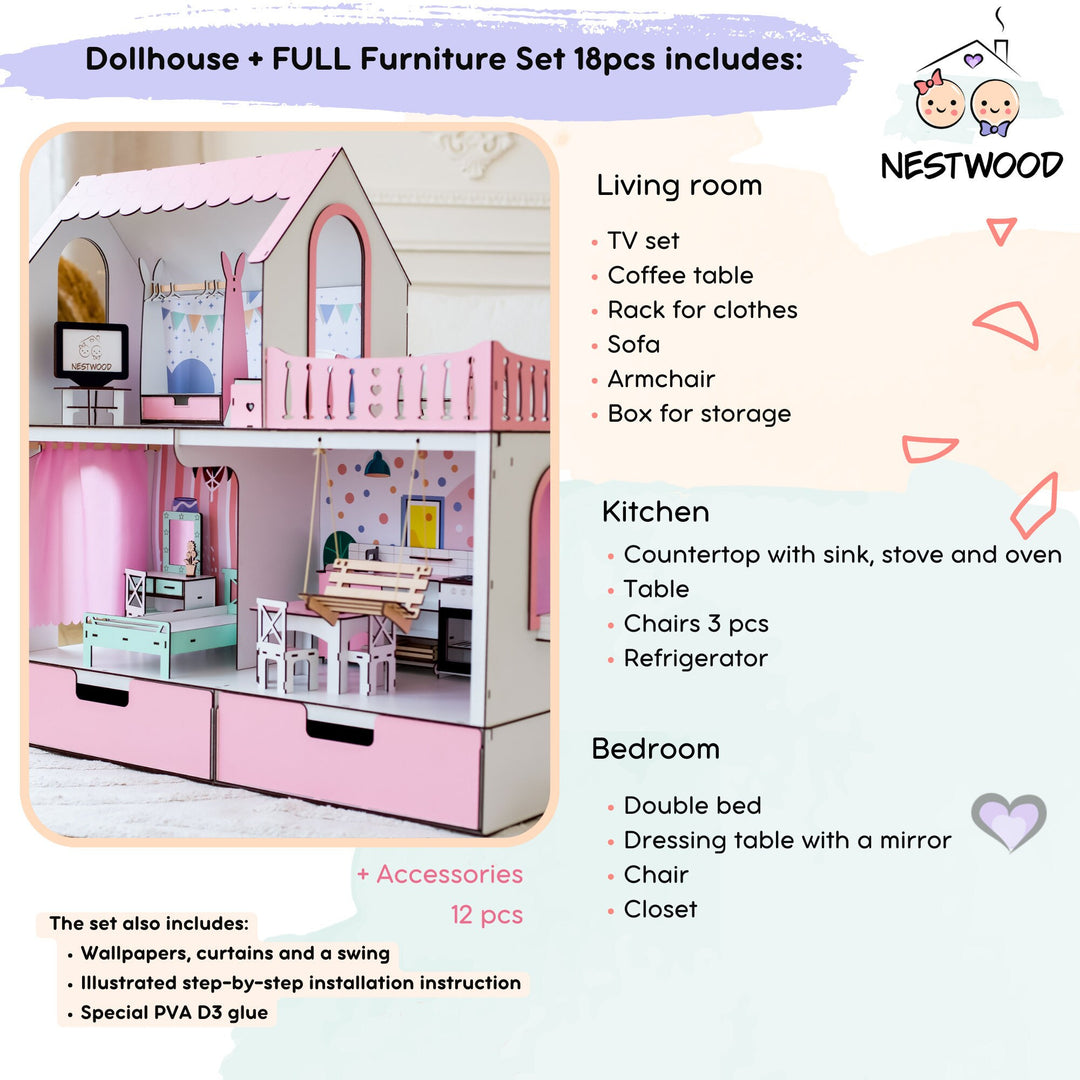 Wooden dollhouse Mriya with organizer scale 1:6 NestWood Pink