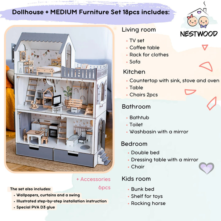 Wooden dollhouse Lux with organizer scale 1:6 NestWood Eco